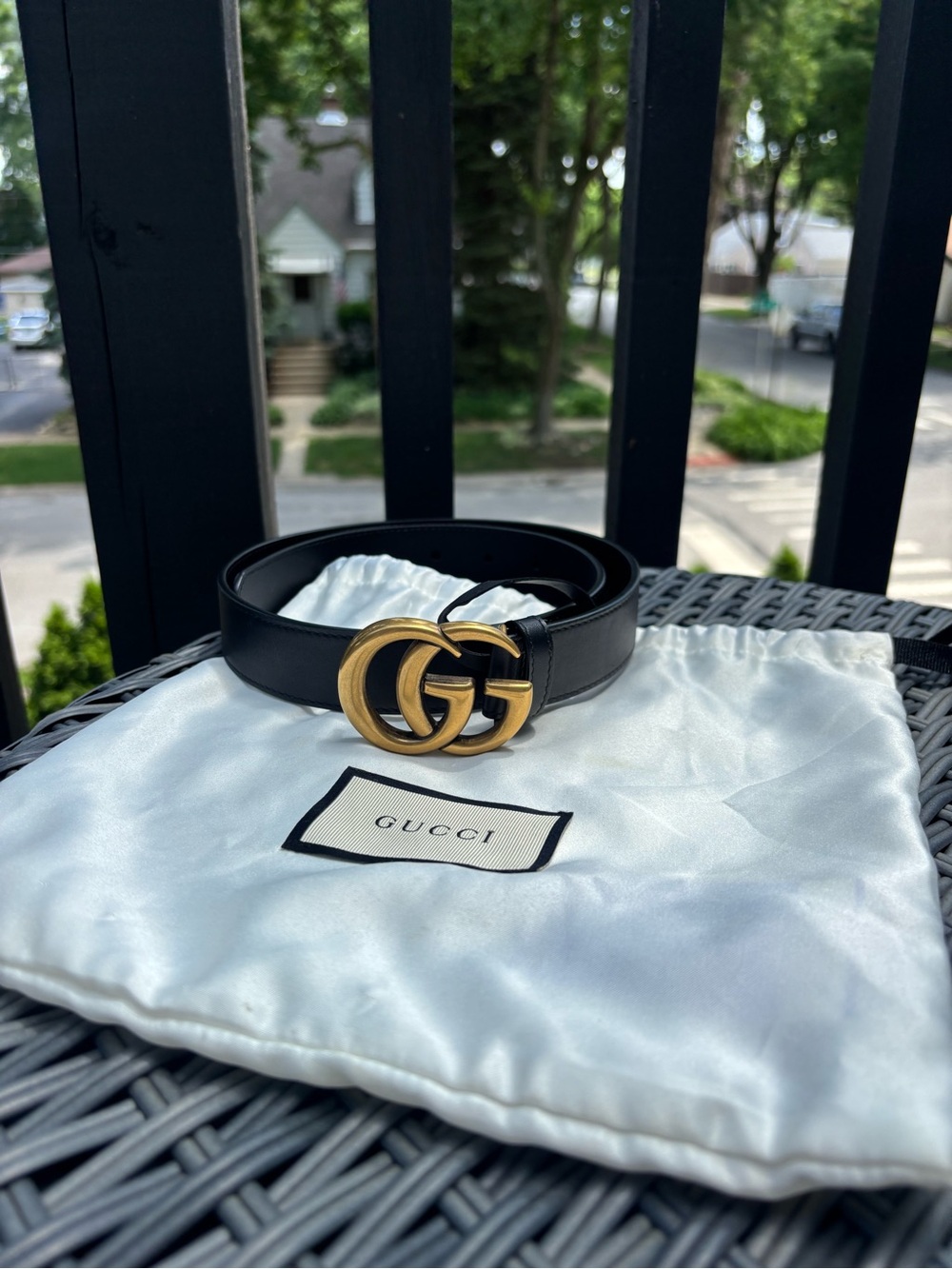 Gucci Black Leather Belt with Antique Gold Double G Buckle